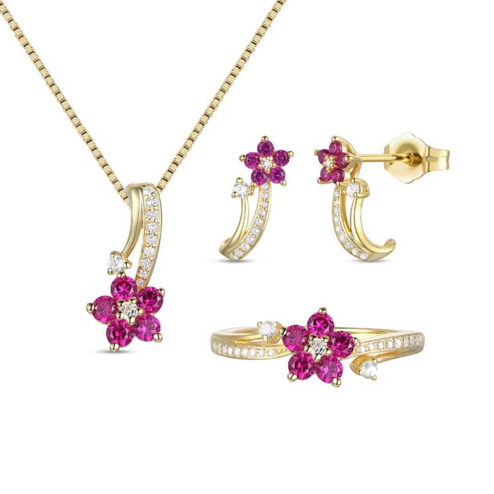 Lab-Created Ruby Flower Vine Three-Piece Set – !4K Gold-plated Sterling Silver